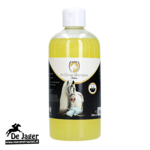 500 ml bottle of Hi Gloss Shampoo Glans for horses, yellow liquid with a white cap and horse-label branding (De Jaer).