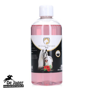 Pink shampoo bottle with white cap, labeled 'Hi Gloss Shampoo Rose', featuring a white horse and red roses on the label (500 ml)