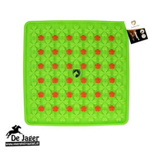 Bright green square silicone horse-stable mat with clover-shaped bumps and red flower accents; De Jaer logo in the bottom left.