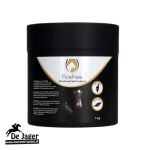 Black jar of PureFree horse muscle and joint support supplement, 1 kg, with De Jaer branding.