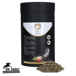1 kg container of 'Herbs Wintermix' horse herbal supplement with a pile of dried herbs in front and the De Jaer logo on the bottom left.