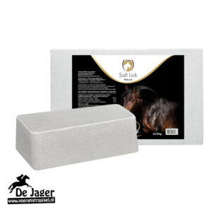 Horse salt lick block next to its white box packaging labeled 'Salt Lick Natural' with a horse image and De Jaer logo; used as horse mineral salt supplement.