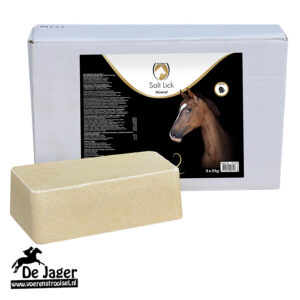 Horse mineral salt lick block in front of its white box with a black label showing a horse and the brand Salt Lick Mineral by De Jaer.