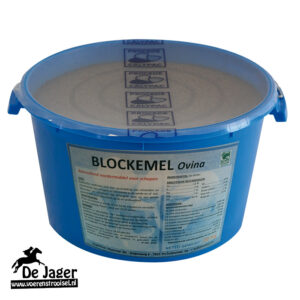 Blue plastic bucket with lid labeled BLOCKEMEL Ovina, a sheep feed supplement, shown on a white background with De Jaer logo nearby.