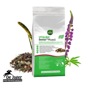 Bag of VitalBix Senior Muesli horse feed for older horses, with ingredient pile and De Jaer logo visible